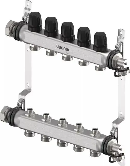 Verteiler von Uponor mit mehreren Anschlüssen. Das Gerät hat eine metallische Oberfläche und ist für die Kombination von Heiz- und Kühlsystemen geeignet.